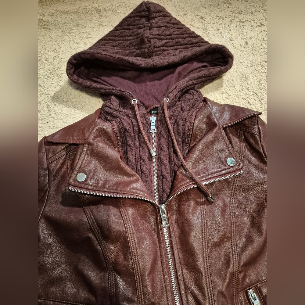 Guess x Wilson's Leather Women's Burgundy Cable-Knit Faux-Leather Jacket S - Picture 9 of 16
